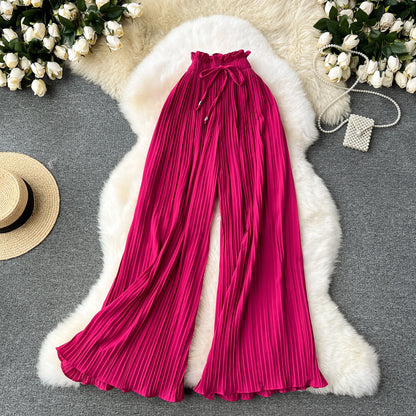 Basics Casual Pants Women Summer Oversize Draped Wide Legs Pants High Waist Solid Long Pleated Trousers