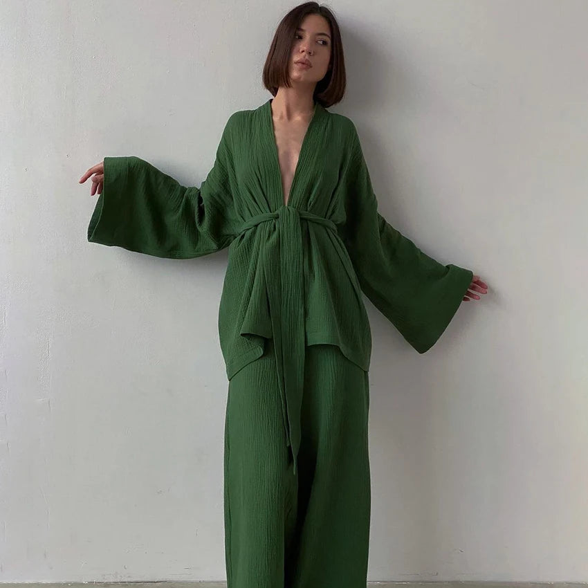 Casual Cotton Sleepwear Women Flare Sleeve Wrap Pajama Sets Nightgown Set Woman 2 Pieces Robes Lace Up Trousers Suits