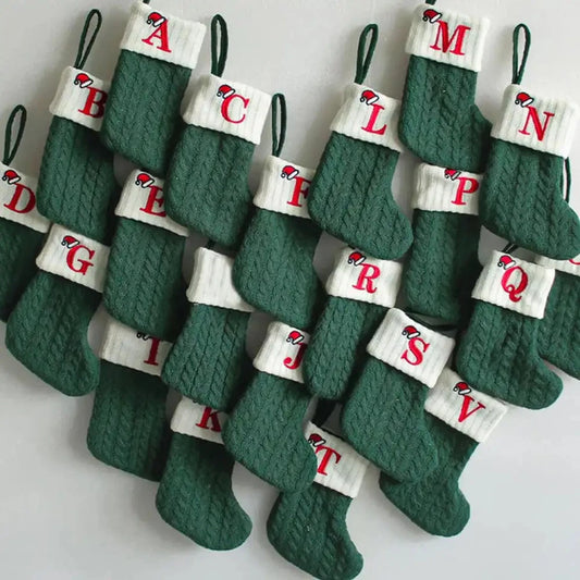 Green A-Z Letter Hanging Christmas Stockings Monogram Knitted Socks