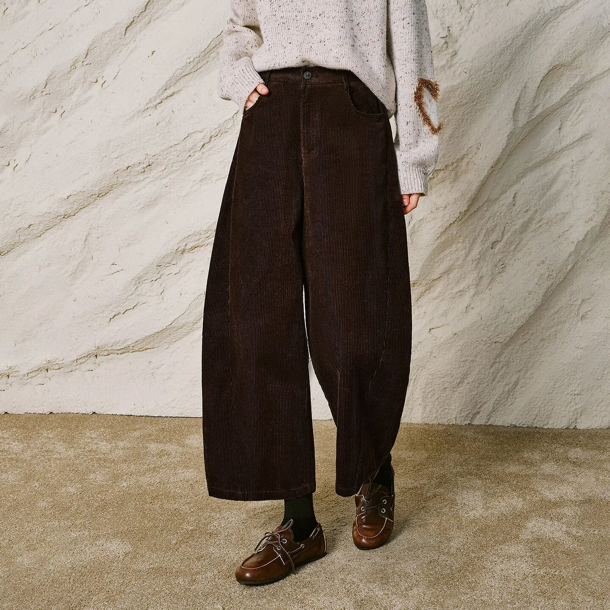 Women Casual Pants New Pure Cotton Corduroy Elastic Waist Forward Seam Cropped Curved Pants