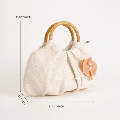 New straw handbag women's summer niche design bamboo bag high-end flower decoration