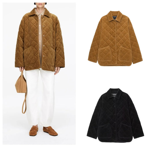 European and American style autumn and winter new diamond quilted thin cotton corduroy jacket