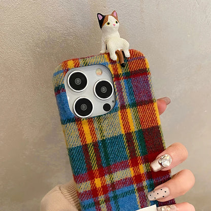 Fashion Warm Plush Plaid Grid Pattern 3D Cat Case For iPhone 16 15 14 13 12 Pro Max Creative Bumper Back Cover