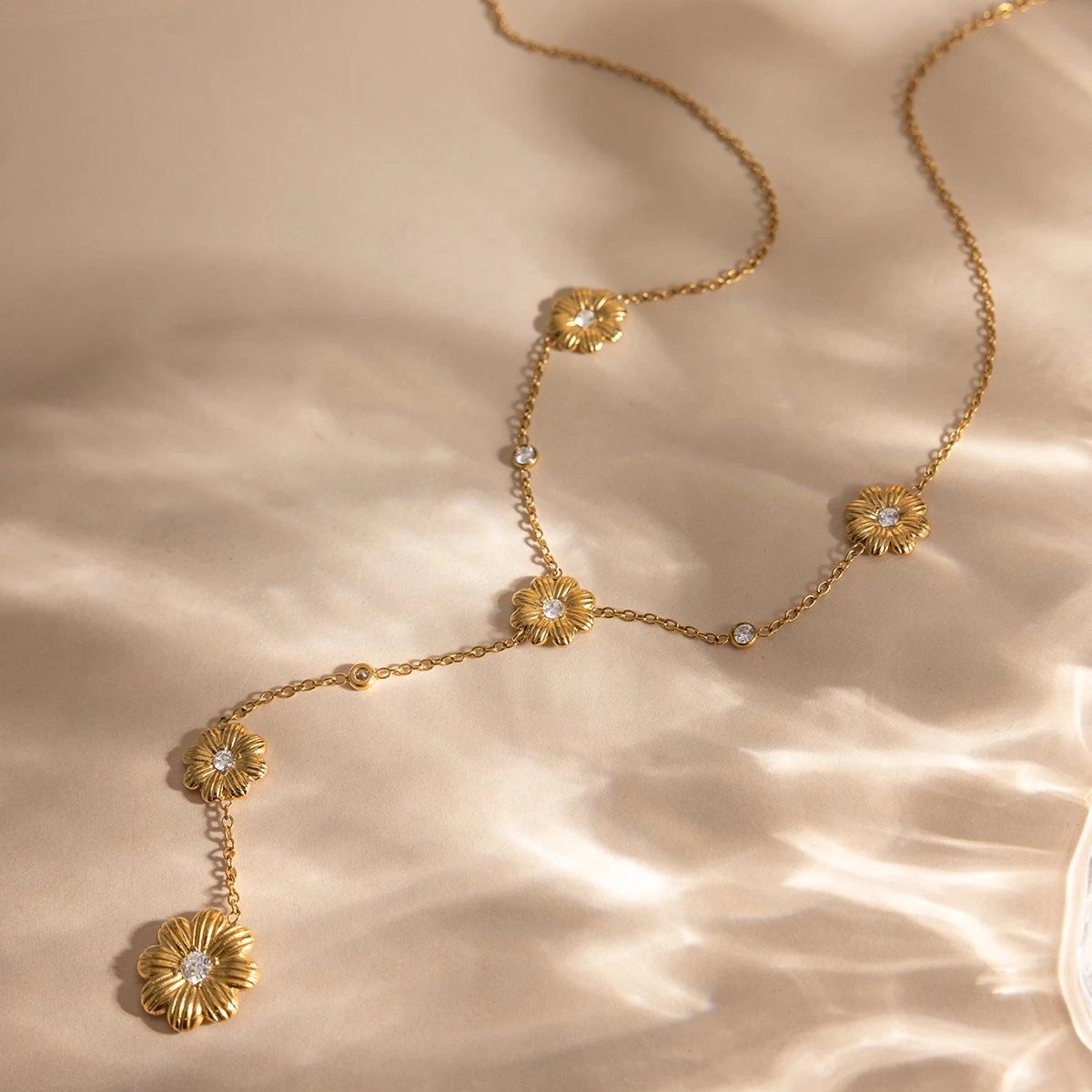 Sweet Flower Pendant Y-Shape Necklace Women's 18K Gold Plated Stainless