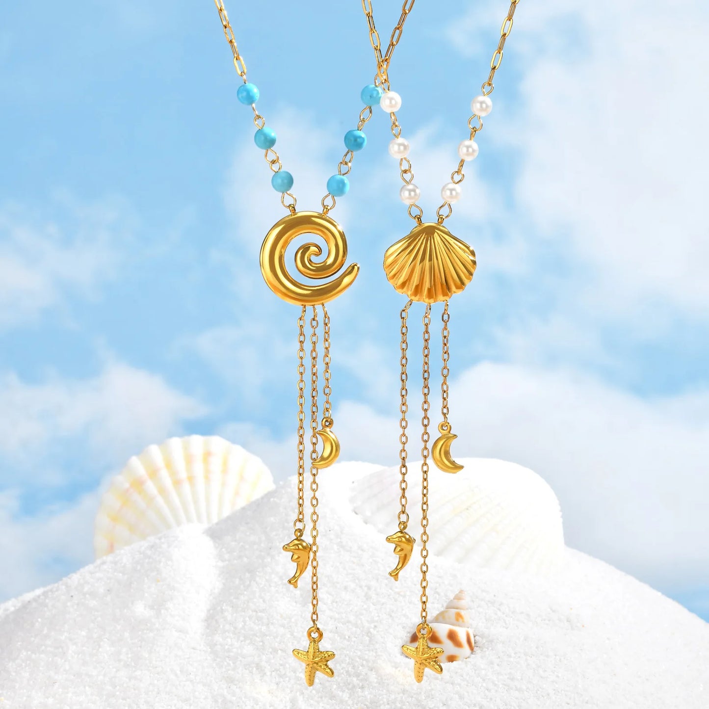Ocean Style Y Necklace,18K Gold Plated Stainless Steel,Turquoise Paperclip Chain Dolphin Starfish Tassel Jewelry Waterproof