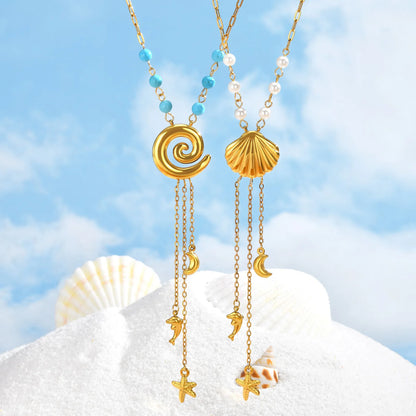 Ocean Style Y Necklace,18K Gold Plated Stainless Steel,Turquoise Paperclip Chain Dolphin Starfish Tassel Jewelry Waterproof