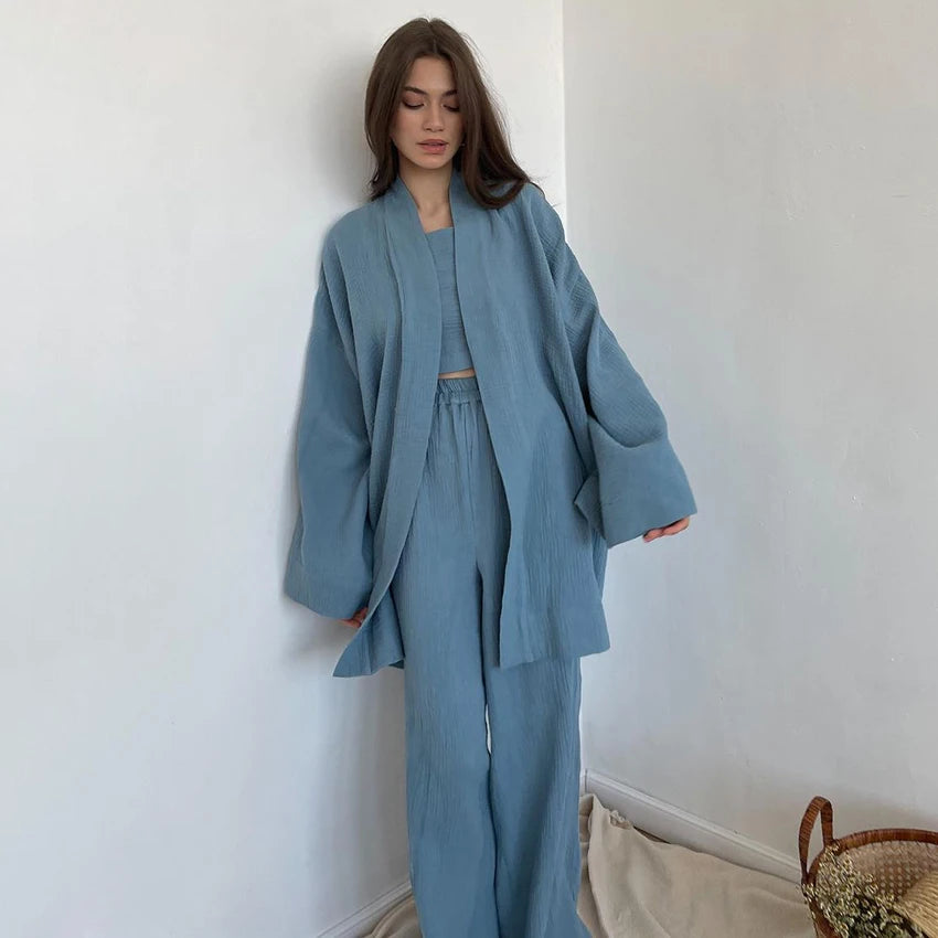 Casual Cotton Sleepwear Women Flare Sleeve Wrap Pajama Sets Nightgown Set Woman 2 Pieces Robes Lace Up Trousers Suits