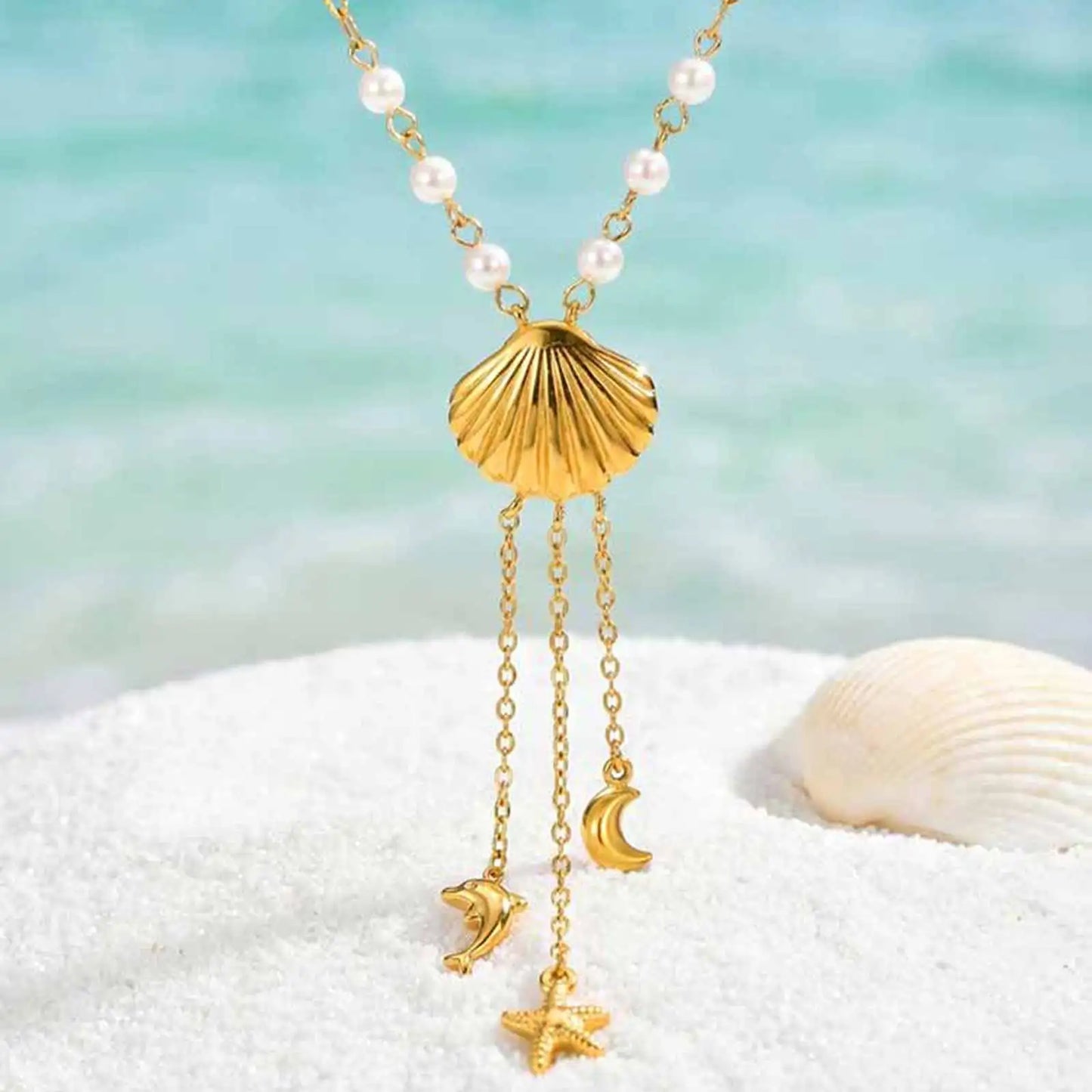Ocean Style Y Necklace,18K Gold Plated Stainless Steel,Turquoise Paperclip Chain Dolphin Starfish Tassel Jewelry Waterproof