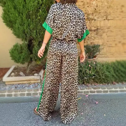 Casual Leopard Print Suit For Women Shirt Elastic Waist Trousers 2 Piece Set