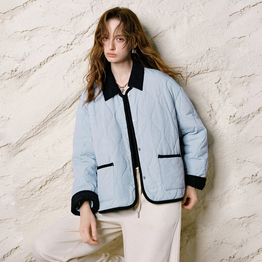 Women Loose Drop Shoulder Cotton Coat New Gourd Quilted Corduroy Color Contrast Binding Outerwear