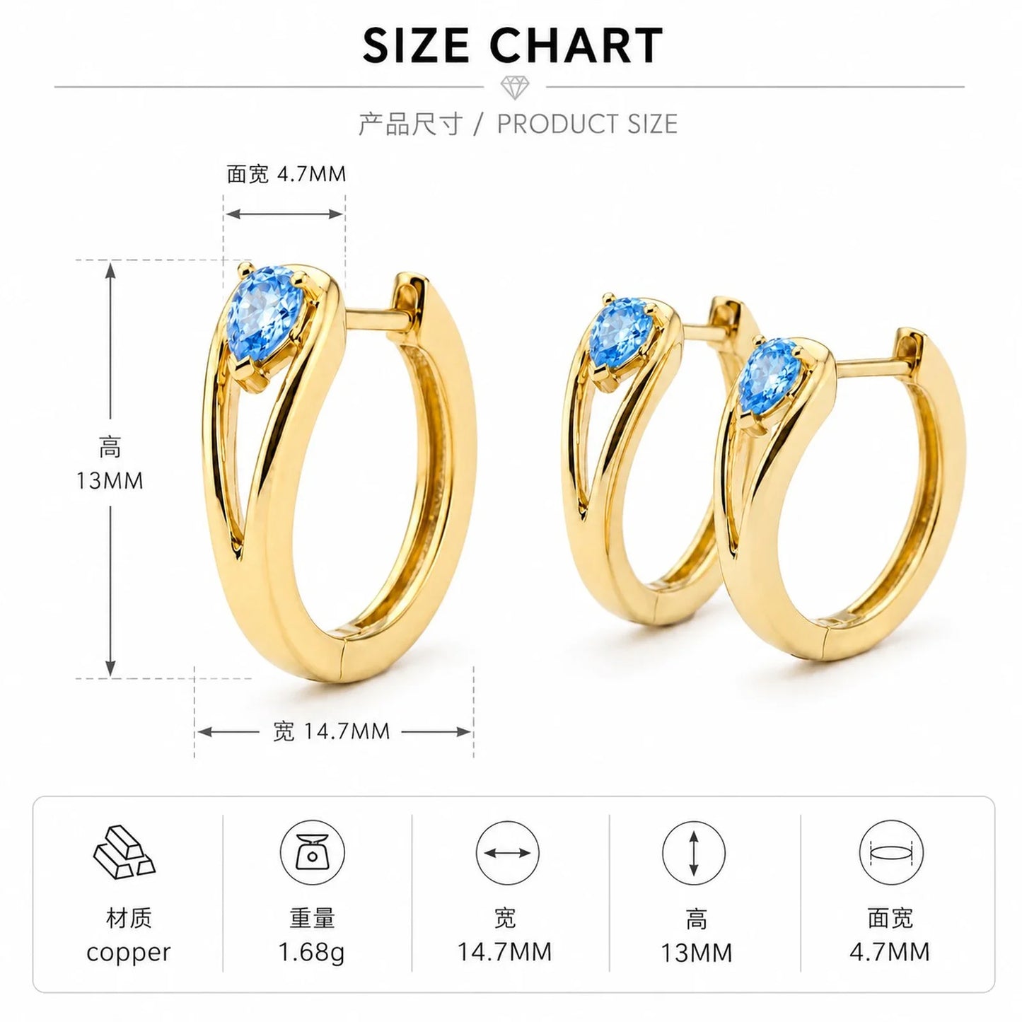 Statement Women Hoop Earrings Pave Waterdrop Cubic Zirconia Gold Color Waterproof Earrings