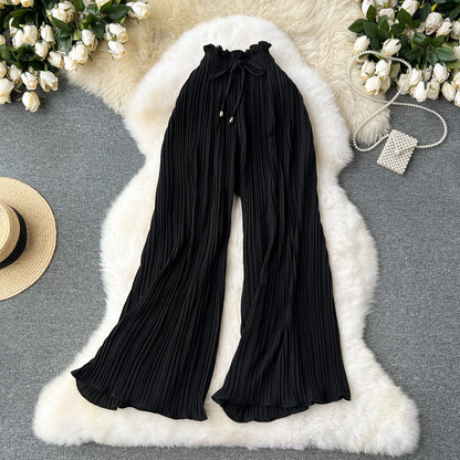 Basics Casual Pants Women Summer Oversize Draped Wide Legs Pants High Waist Solid Long Pleated Trousers