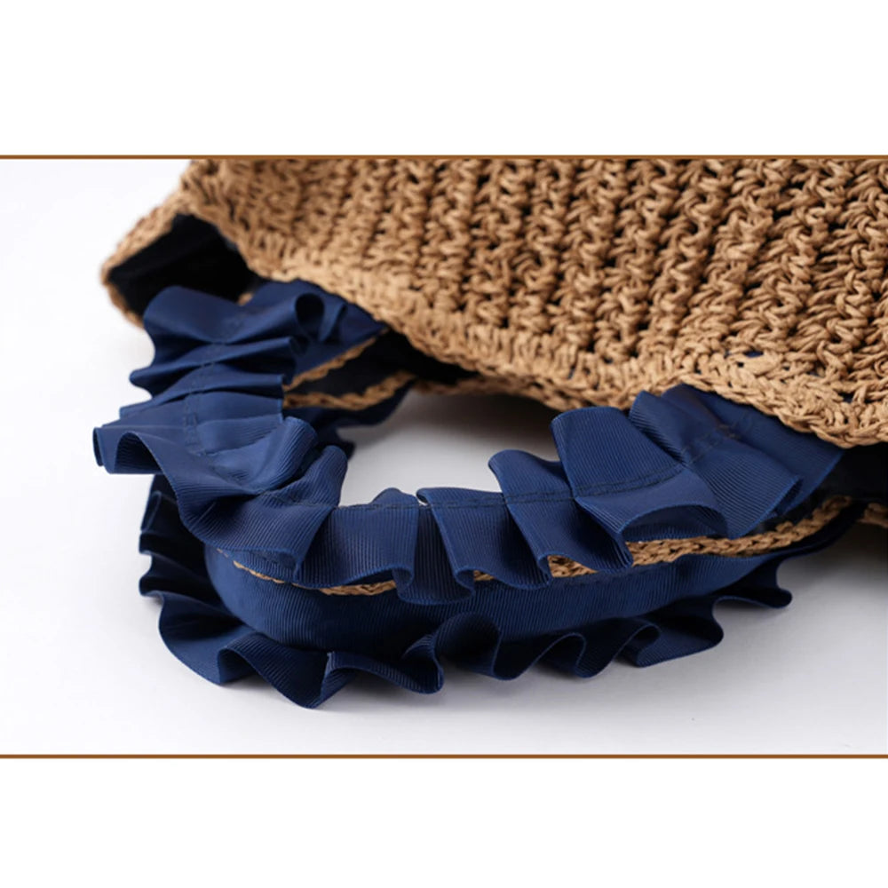 Pearls Straw Bags for Women Bohemian Ruched Handle Handbags Summer Woven Tote Bag Handmade Travel Beach Bag Small Shopper