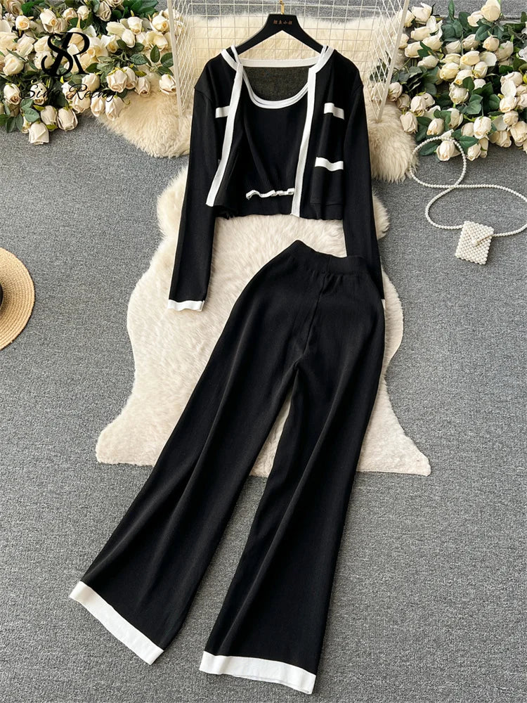 Autumn Knitted Three Pieces Sets Top+Long Sleeves Short Cardigan+Elastic Long Pants Fashion Sweater Set