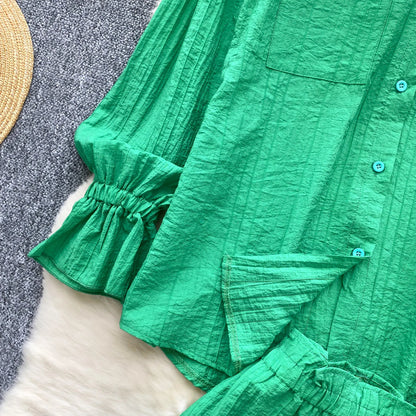 Elegant Polo-neck Vintage Long Flare Sleeves Chic Single Breasted Shirts High Waist Wide Leg Short Pants Sets