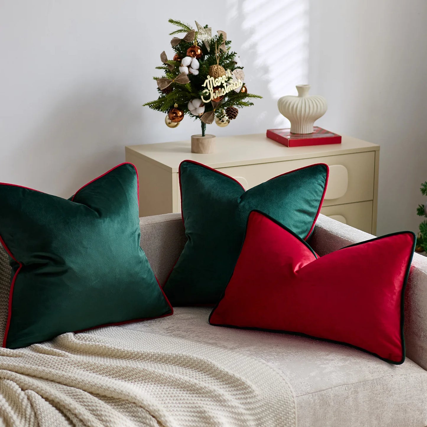 Velvet Christmas Cushion Cover Red Green Contrast Luxury Festive Home Decor