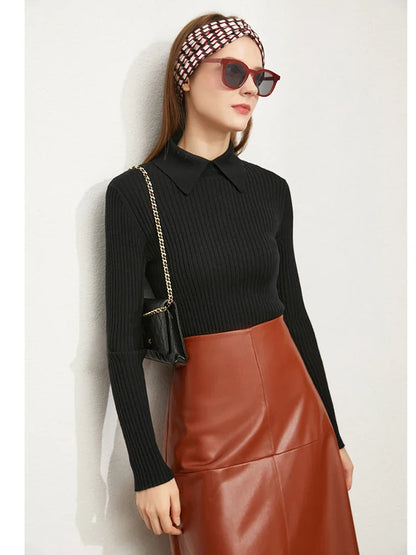 Minimalism Sweater for Women Autumn New Office Lady Basic Lapel Striped Slim Knitted Tops