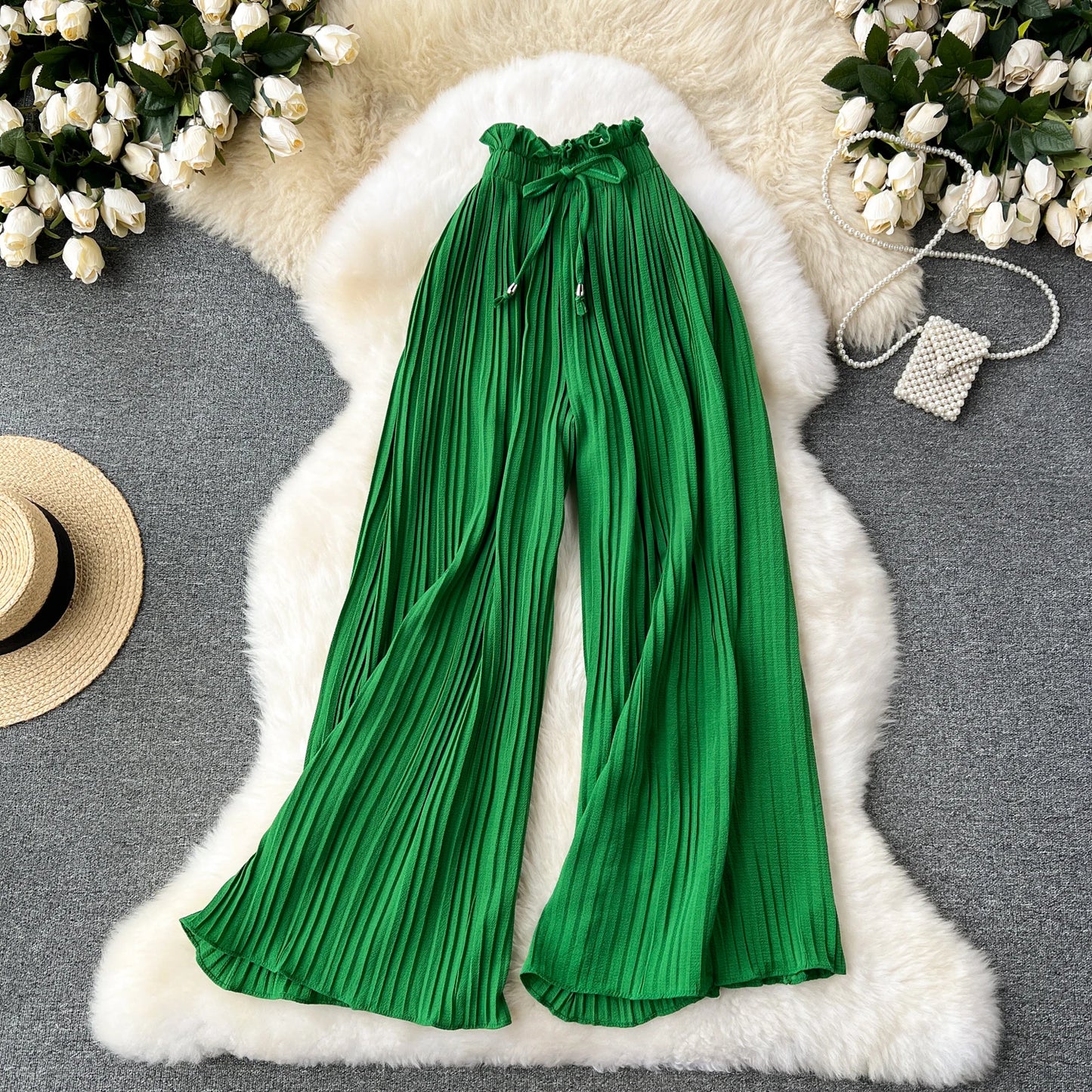 Basics Casual Pants Women Summer Oversize Draped Wide Legs Pants High Waist Solid Long Pleated Trousers