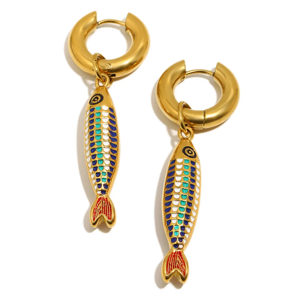 Colored Blue Green Oil Dripping Fish Earrings Enamel Hoop Earring Women's Hypoallergenic Tarnish Free Jewelry