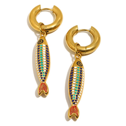 Colored Blue Green Oil Dripping Fish Earrings Enamel Hoop Earring Women's Hypoallergenic Tarnish Free Jewelry