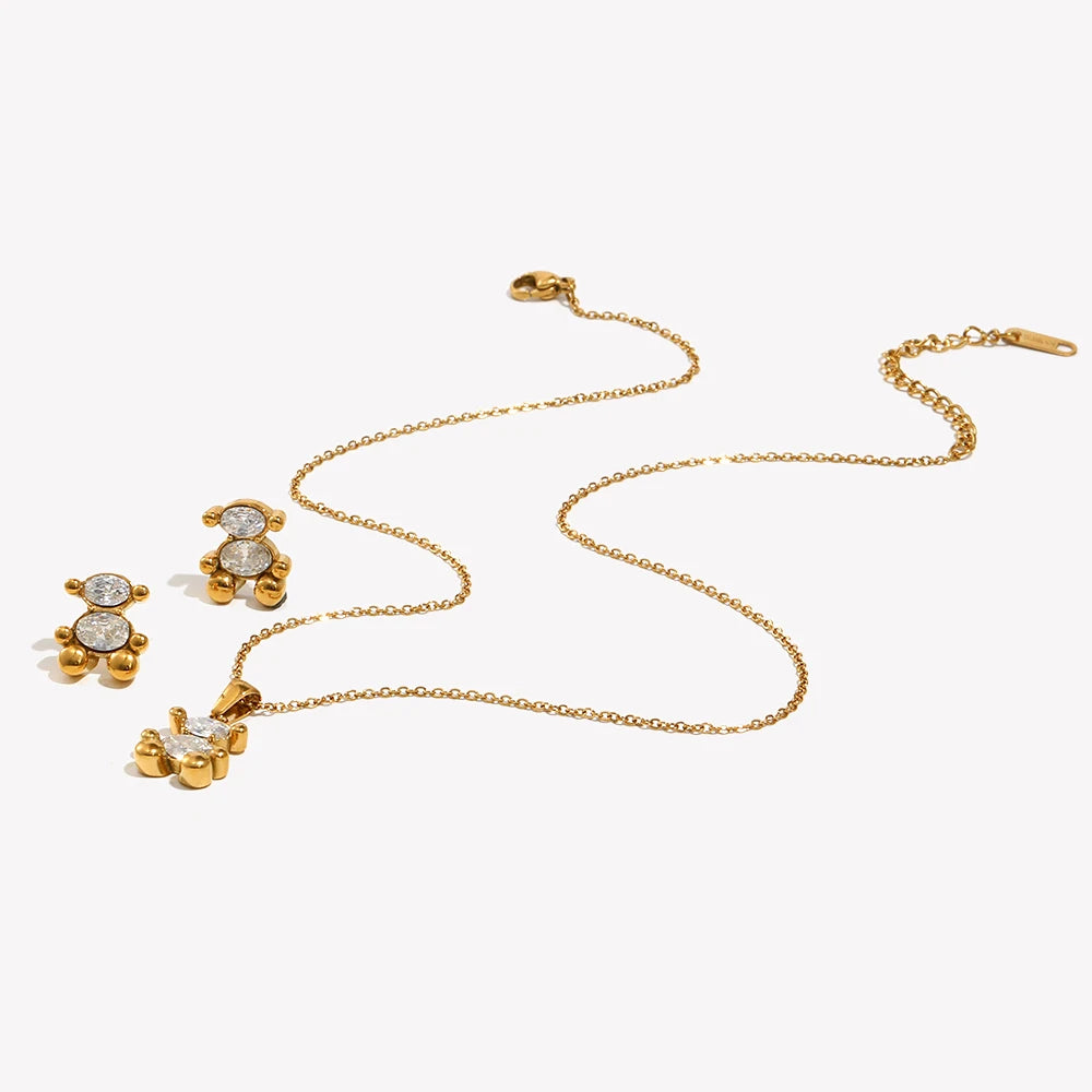 Cute Bear Jewelry Set Gold Plated Sitting Bear Zircon Necklace Stud Earring Smooth Edge Versatile Style Jewelry