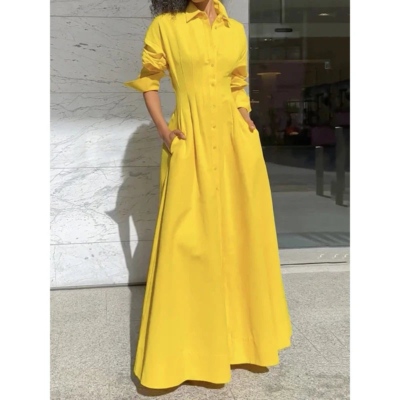 Dresses for Women Autumn Yellow A-Line Long Sleeve Cocktail Formal Evening Date Prom Maxi Long Dress Woman