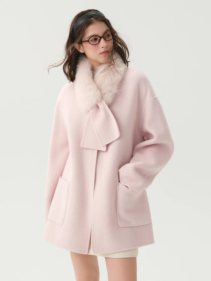 Wool-blend Coat Women Fox Fur Collar Thick Loose Mid Length for Winter
