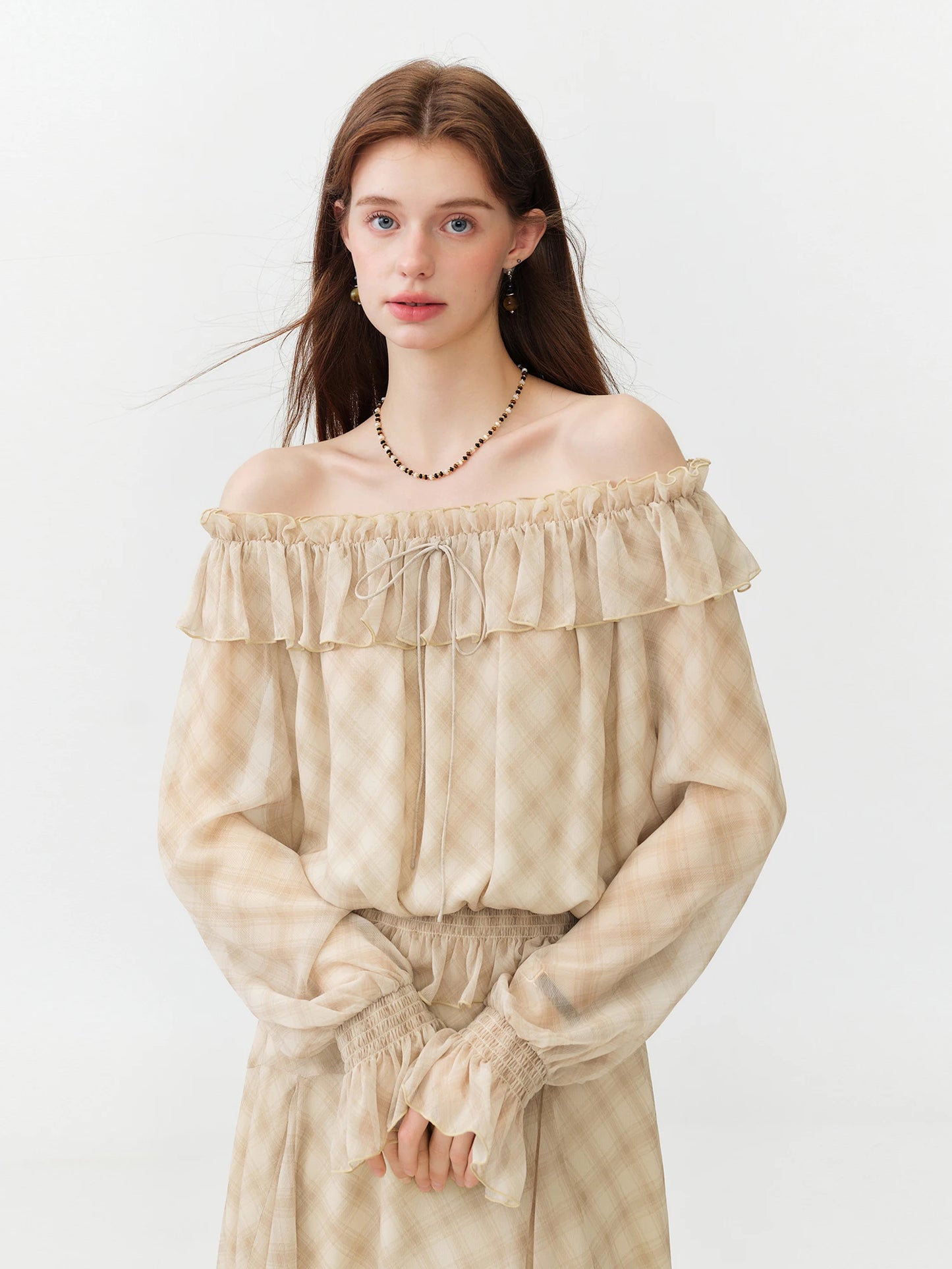 New Arrival One-Shoulder Plaid Shirt Top and Long Skirt  French-Style Ruffled A-Line Chiffon Skirt Set Elegant