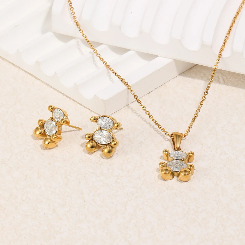 Cute Bear Jewelry Set Gold Plated Sitting Bear Zircon Necklace Stud Earring Smooth Edge Versatile Style Jewelry