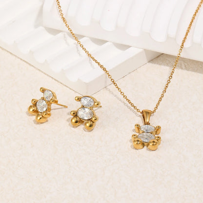 Cute Bear Jewelry Set Gold Plated Sitting Bear Zircon Necklace Stud Earring Smooth Edge Versatile Style Jewelry