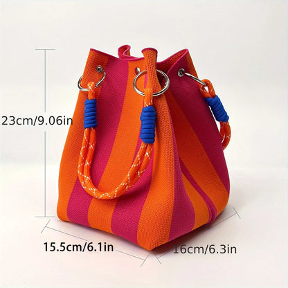 Multi-color knitted retro bucket handbag simple and color-blocked,versatile and easy to carry with you