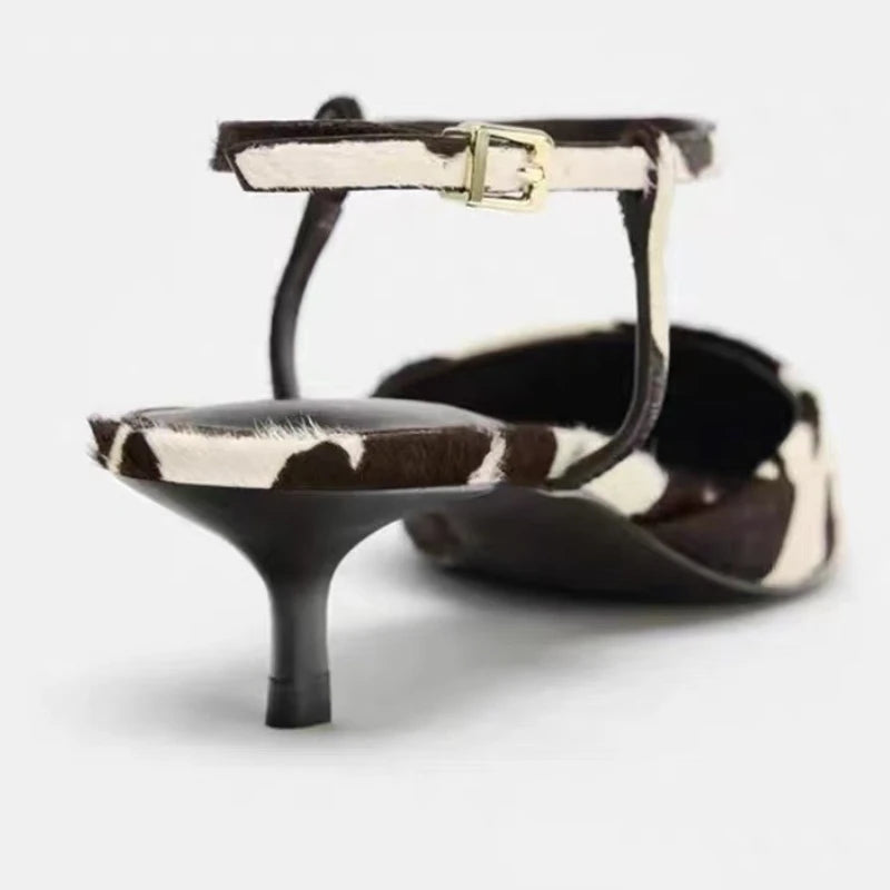 Suede Designer Pumps Woman Ankle Strap Pointed Toe High Heels Female Cow Pattern Fashion