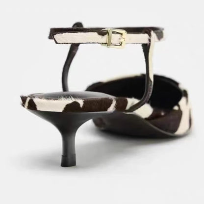 Suede Designer Pumps Woman Ankle Strap Pointed Toe High Heels Female Cow Pattern Fashion