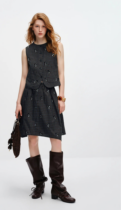 Women's New Vintage Beaded Black Plaid Tweed Vest & Skirt Set | Elegant Lady Two-Piece Outfit