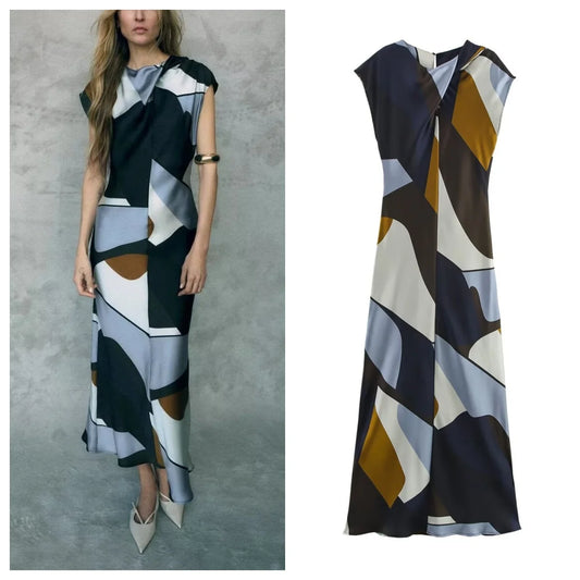 New Satin texture style Printed Dress printed