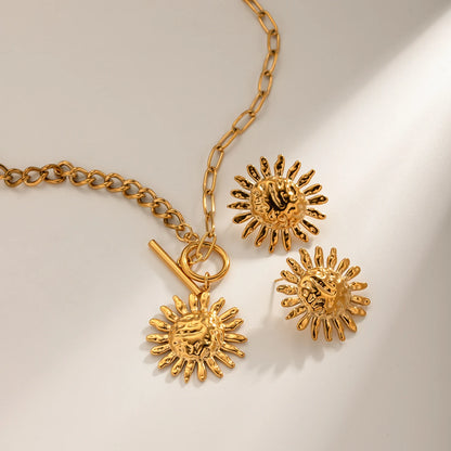 Gold Plated Stainless Sunflower Earrings & Pendant Necklace