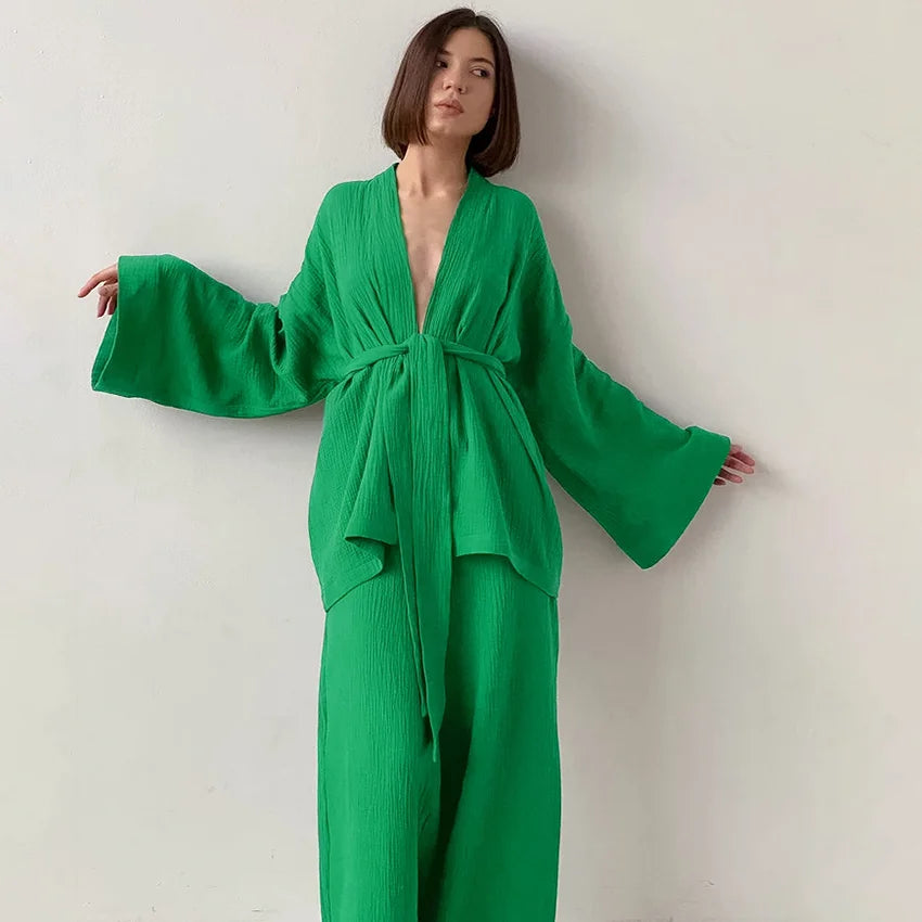 Casual Cotton Sleepwear Women Flare Sleeve Wrap Pajama Sets Nightgown Set Woman 2 Pieces Robes Lace Up Trousers Suits