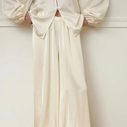 Casual Loose Woven Inelastic Pajamas 2 Piece Suit Long Sleeves Medium Collar Single-Breasted Top Full Length Pants