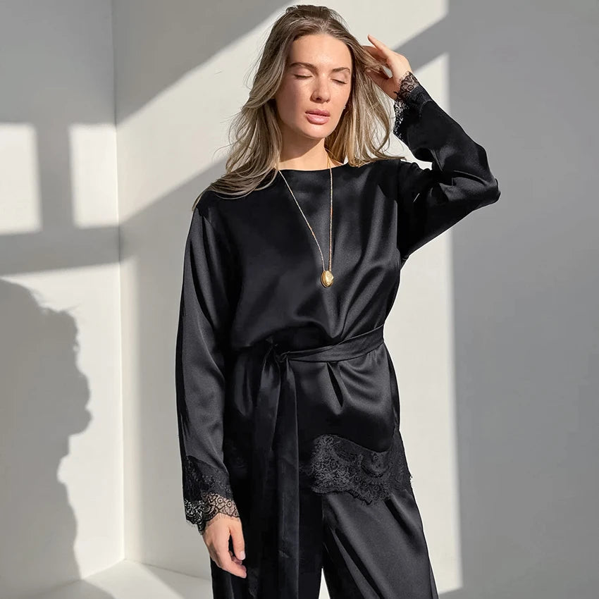 Black Fashion Loose Woven Elastic Ladies Pajamas Two-Piece Round Neck Long Sleeve Lace Top Elastic Waist Full Length Pants
