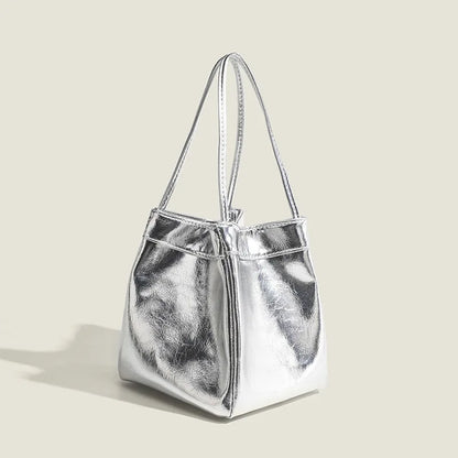 Silver bucket bag for women 2024 new fashionable and simple lunch box bag,niche western-style texture hand-held small bag