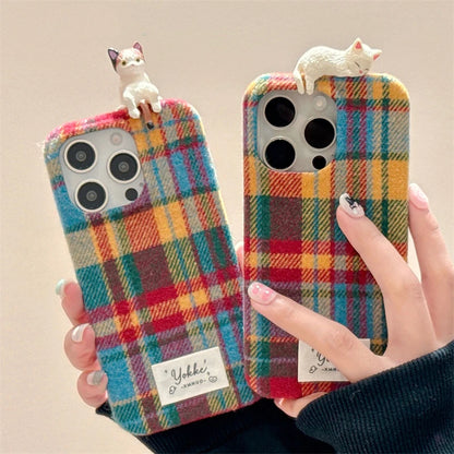 Fashion Warm Plush Plaid Grid Pattern 3D Cat Case For iPhone 16 15 14 13 12 Pro Max Creative Bumper Back Cover