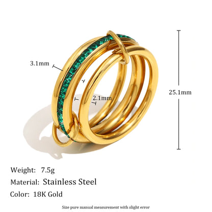 New Design Green Color Rhinestone Three Layers Rings 316L Stainless Steel Fashion Women Waterproof Jewelry
