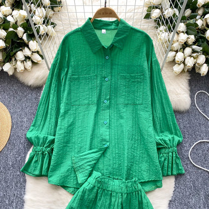 Elegant Polo-neck Vintage Long Flare Sleeves Chic Single Breasted Shirts High Waist Wide Leg Short Pants Sets