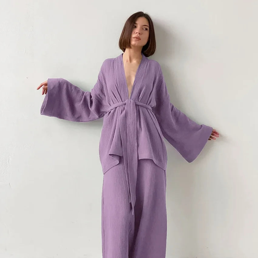 Casual Cotton Sleepwear Women Flare Sleeve Wrap Pajama Sets Nightgown Set Woman 2 Pieces Robes Lace Up Trousers Suits