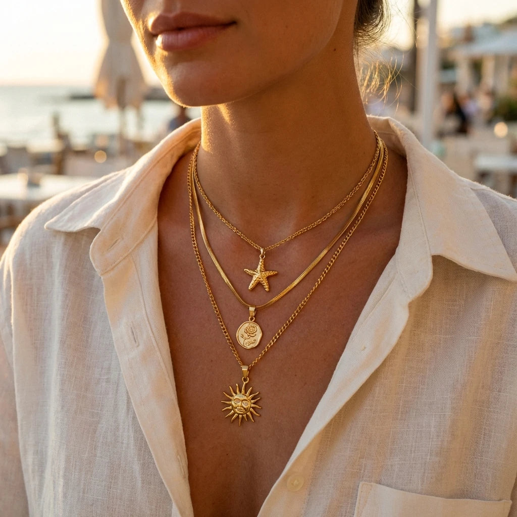 Stainless Steel Sun Starfish Pendant Necklaces Set for Women 3pcs Bohemia Multi-layers Rose Necklaces Waterproof Jewelry