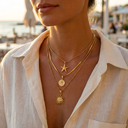 Stainless Steel Sun Starfish Pendant Necklaces Set for Women 3pcs Bohemia Multi-layers Rose Necklaces Waterproof Jewelry