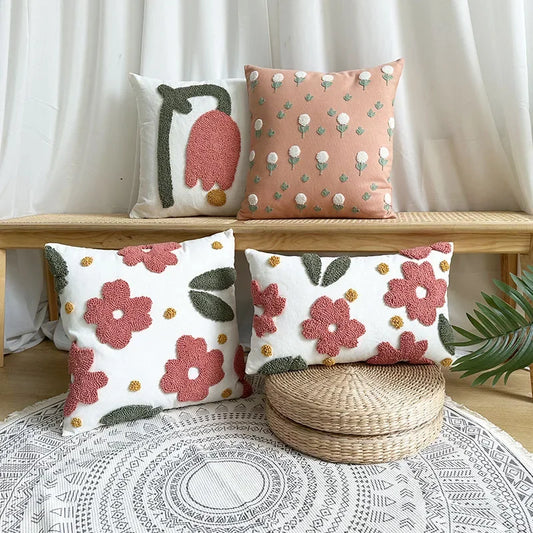 Style Flower Loop Tufted Cushion Cover Pink Plant Embroidered Decorative Pillows