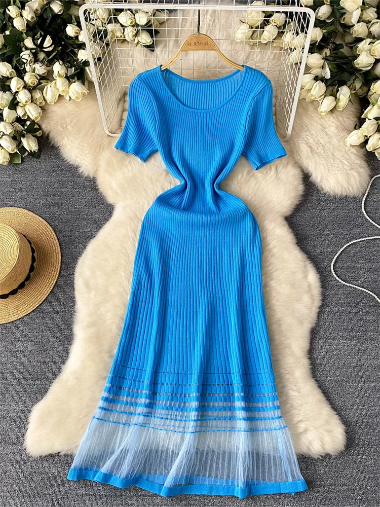 Summer Long Dress O Neck Short Sleeves Mesh Patchwork Design Ladies