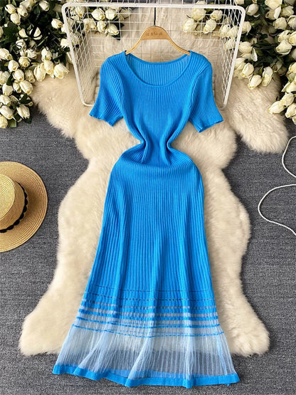 Summer Long Dress O Neck Short Sleeves Mesh Patchwork Design Ladies