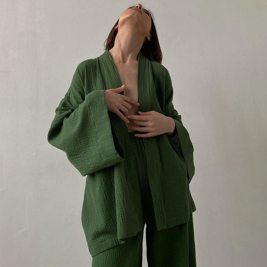 Casual Cotton Sleepwear Women Flare Sleeve Wrap Pajama Sets Nightgown Set Woman 2 Pieces Robes Lace Up Trousers Suits